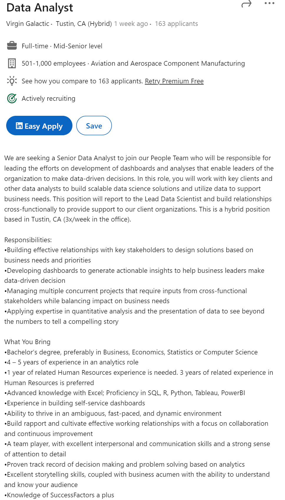 Virgin Galactic Remote Data Analysts Job Description